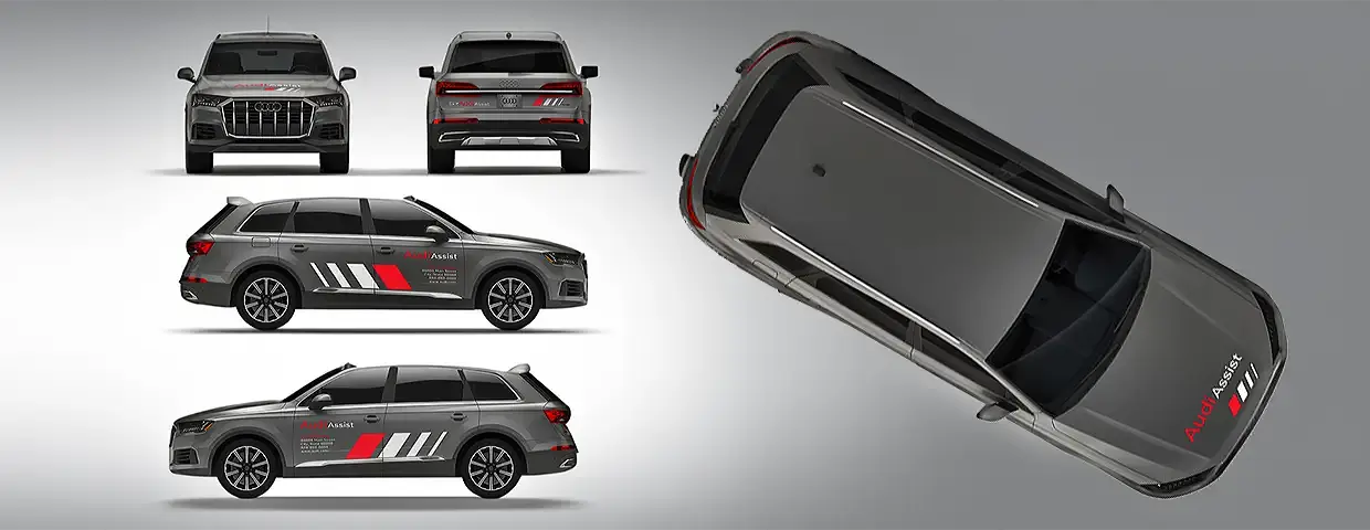 Five views of an Audi SUV with the full Audi Assist graphics set applied to the hood, doors, rear and roof.