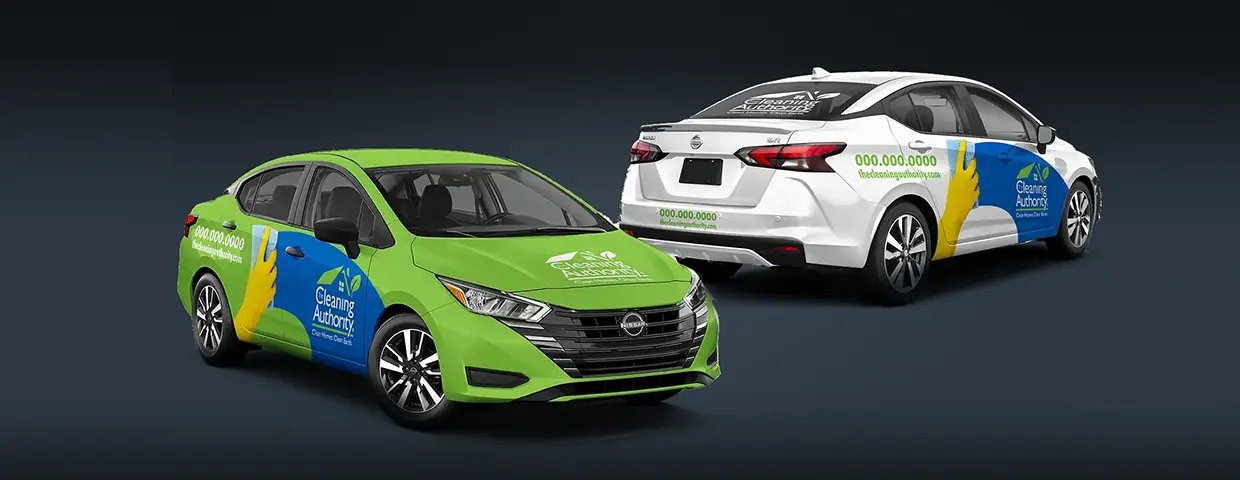 Two Nissan sedans with The Cleaning Authority vehicle wraps produced and installed by CG Detroit.