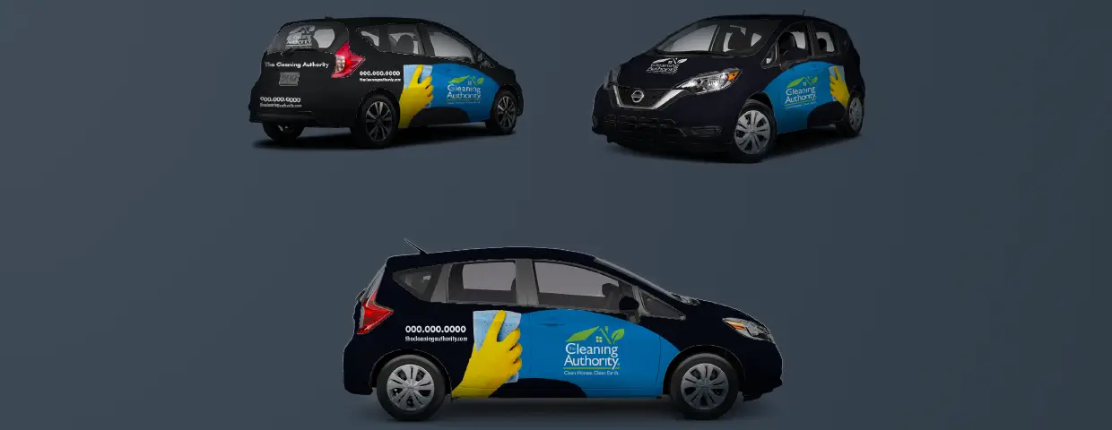 Three views of a Nissan hatchback with The Cleaning Authority vehicle graphics produced and installed by CG Detroit.