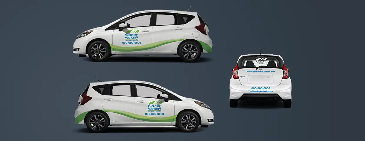 Three views of a Nissan hatchback with The Cleaning Authority standard graphics package produced and installed by CG Detroit.