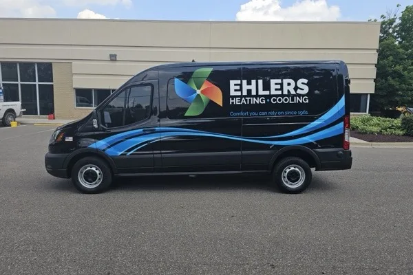 An Ehlers Heating and Cooling service van in full livery