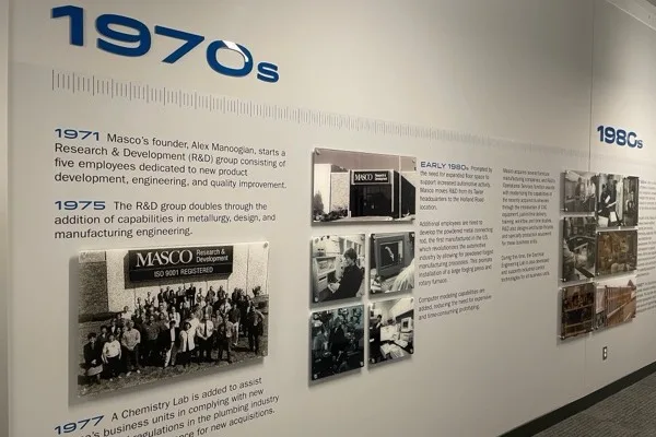 A decade-by-decade company history wall with archive photography and dated milestones